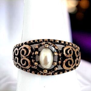 Vintage Ring Size 7.25 Filigree Antique Gold Simulated Pearl  Women's 5Z